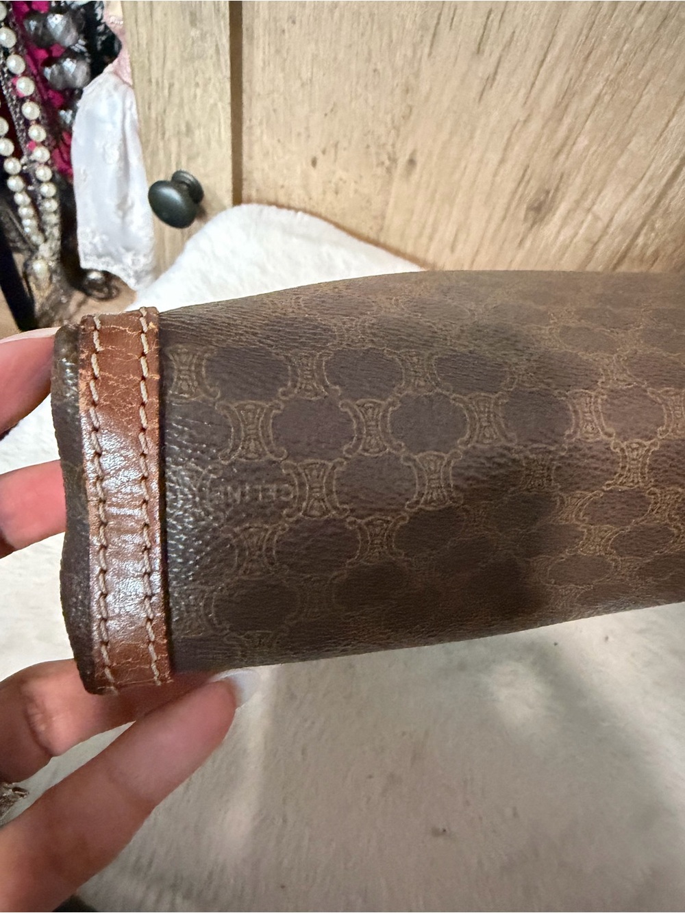 Celine Macadam Canvas Clutch Brown Leather Trim Vintage Designer - Picture 5 of 12